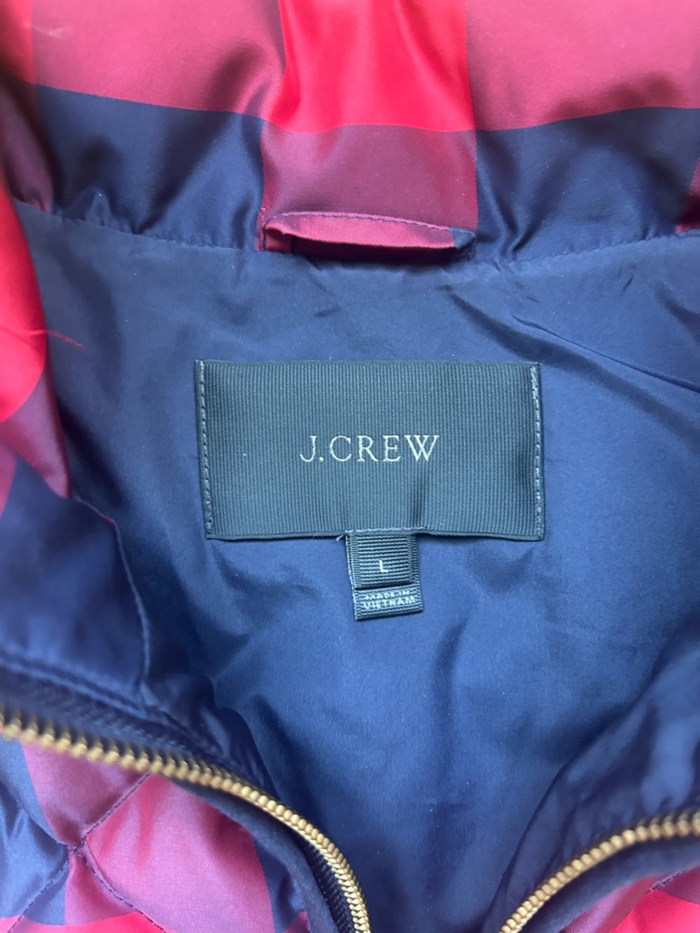 J Crew Excursion Puffer Vest Red Buffalo Plaid Navy Blue Down Fill Womens - Picture 8 of 11